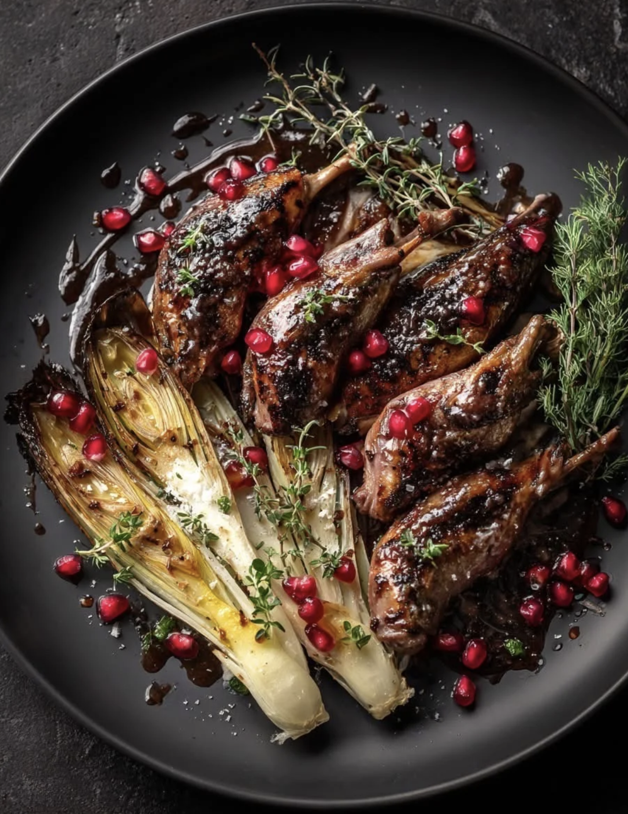Quail Breast with Pomegranate Reduction & Charred Endives